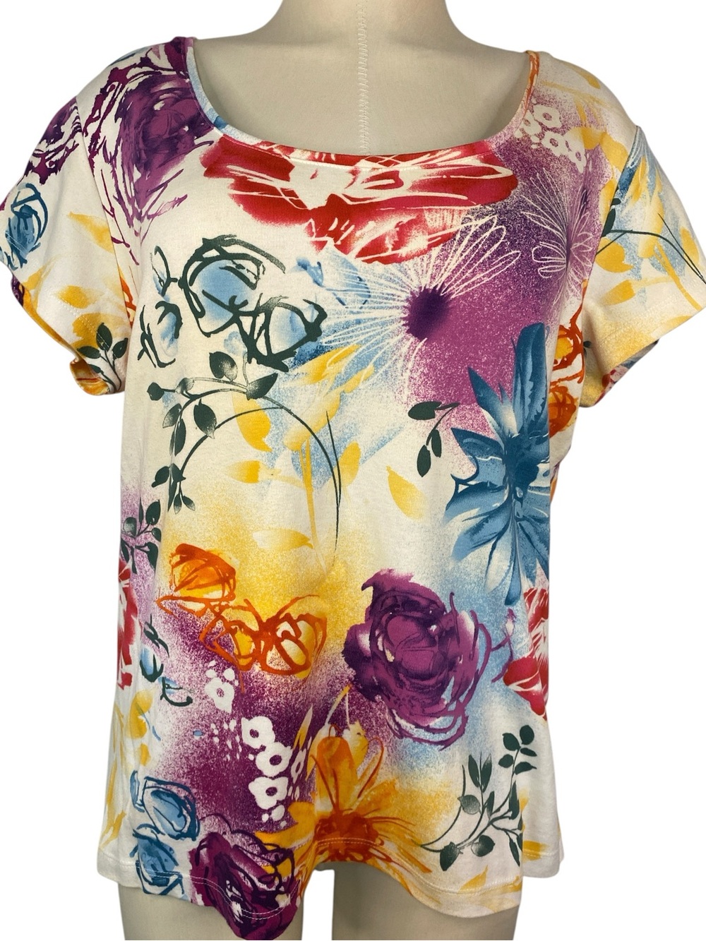 Coldwater Creek Floral Multicolor Short Sleeve Women’s Top Large